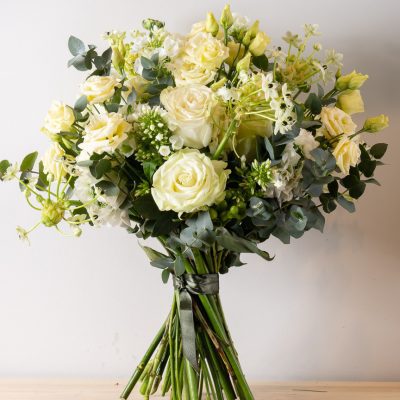 Elegant White Flower Bouquet with Roses and Lisianthus – Bernard Rochet Chelsea Florist