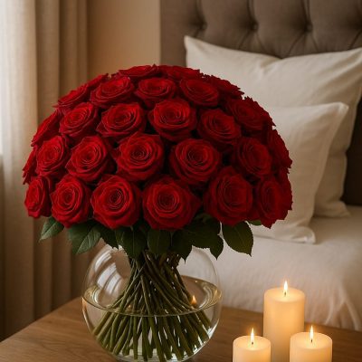 50 red roses in dome shape arranged in a fishbowl vase with candles beside the bed – Bernard Rochet London