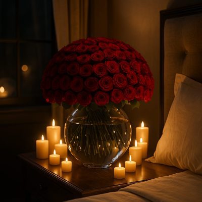 100 red roses bouquet in fishbowl vase with candlelight – romantic bedroom floral setting by Bernard Rochet London