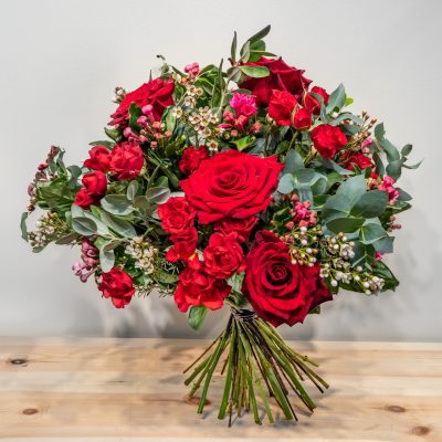 Red rose bouquet with spray roses and greenery – same-day London delivery
