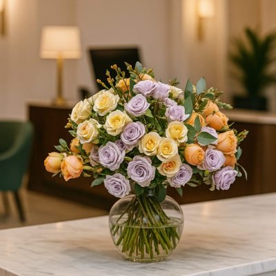 Pastel spray rose bouquet in vase on reception counter – Bernard Rochet Chelsea