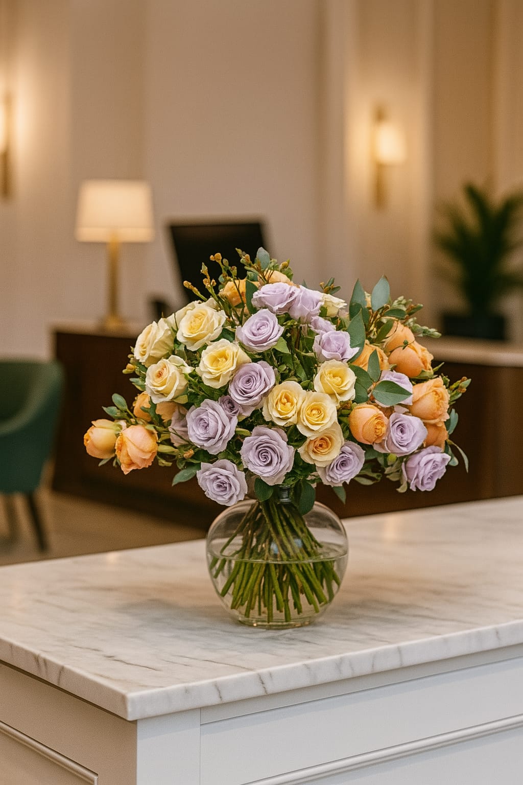 Pastel spray rose bouquet in vase on reception counter – Bernard Rochet Chelsea