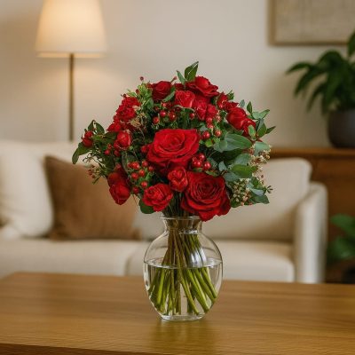Red rose bouquet with spray roses in vase – luxury flower arrangement in London