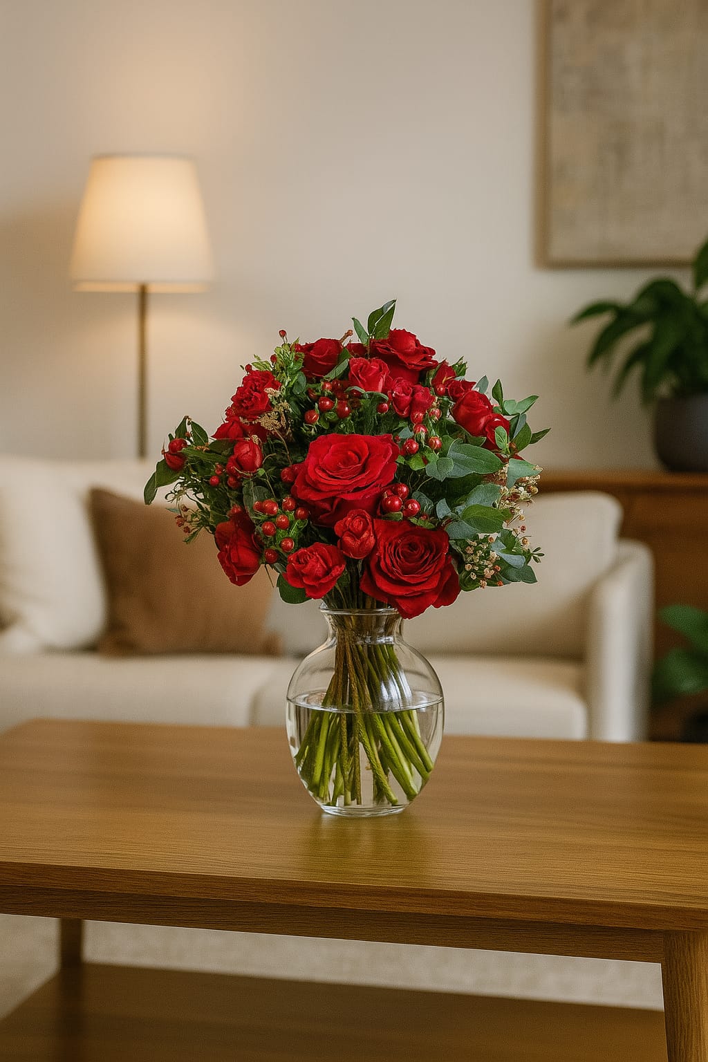 Red rose bouquet with spray roses in vase – luxury flower arrangement in London