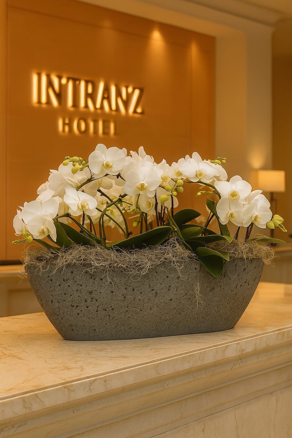 White orchid arrangement in luxury hotel reception area – Bernard Rochet London