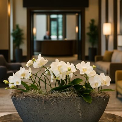 White orchid arrangement in luxury hotel lobby on marble table – Bernard Rochet London