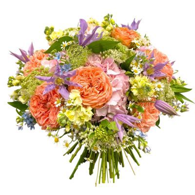 Colourful spring bouquet with peach roses and purple clematis – hand-tied floral arrangement