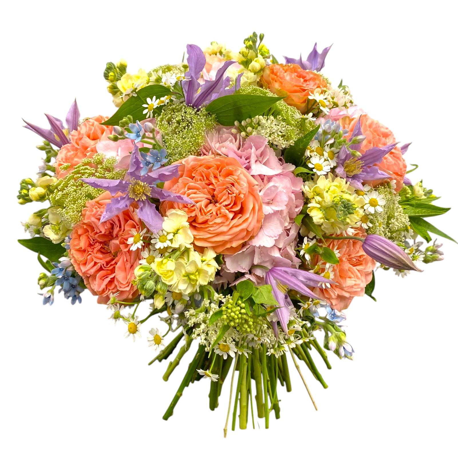 Colourful spring bouquet with peach roses and purple clematis – hand-tied floral arrangement