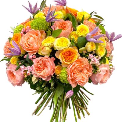 Bright Summer Bouquet London with roses, clematis and seasonal blooms