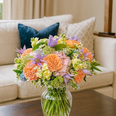 Spring flower bouquet with roses, clematis, and wildflowers in a vase – London flower delivery