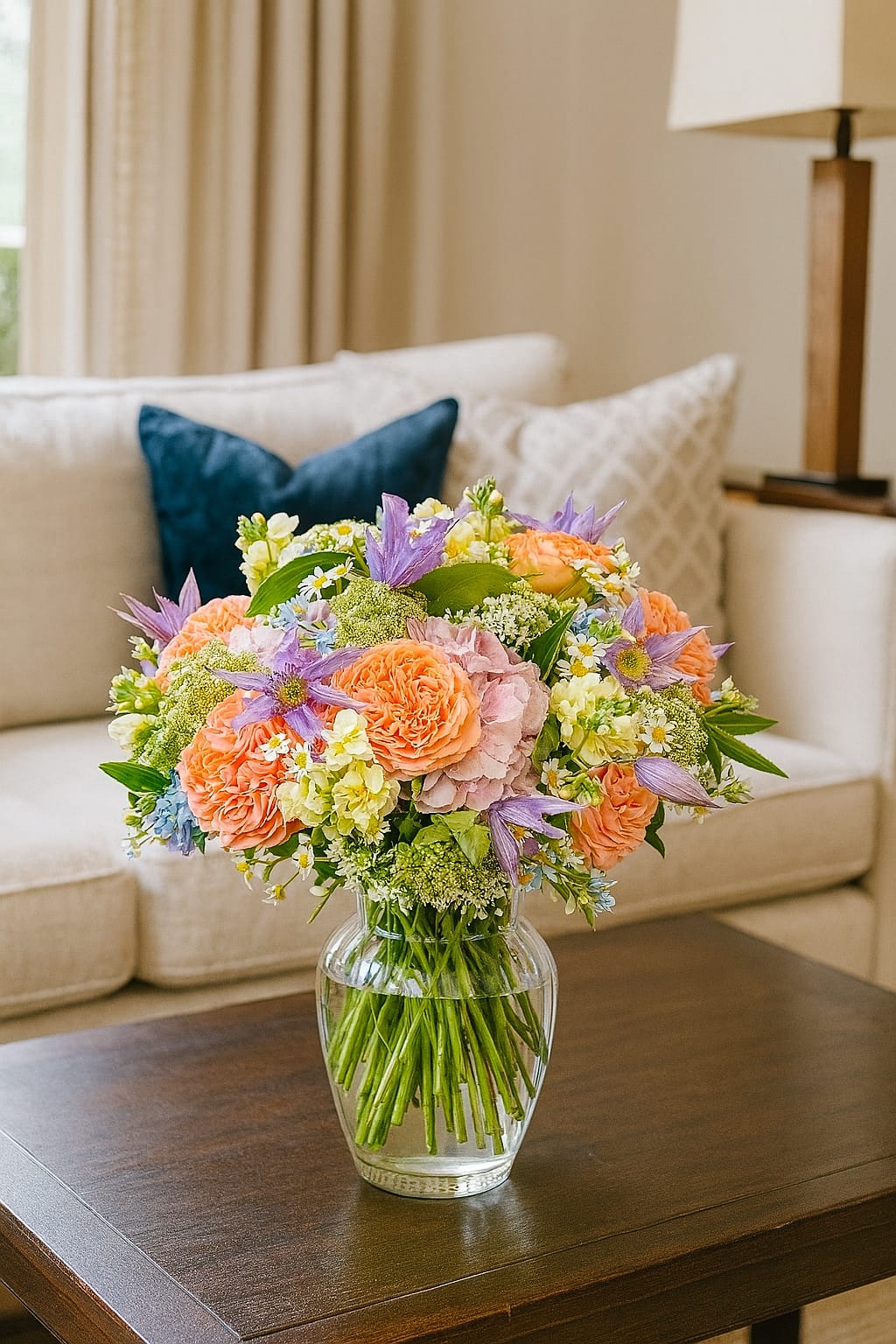 Spring flower bouquet with roses, clematis, and wildflowers in a vase – London flower delivery