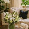 White rose and orchid bouquet in vase – living room floral decor London