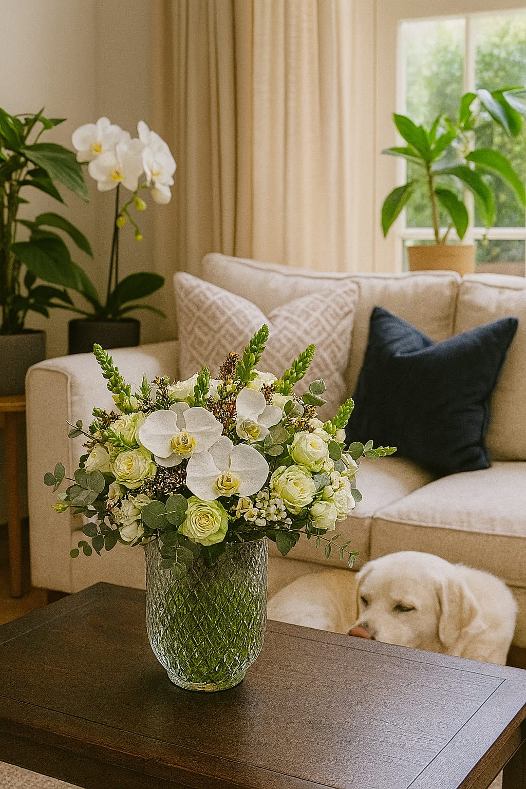 White rose and orchid bouquet in vase – living room floral decor London