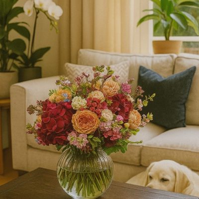 Luxury flower bouquet in glass vase displayed on living room coffee table – London same-day delivery