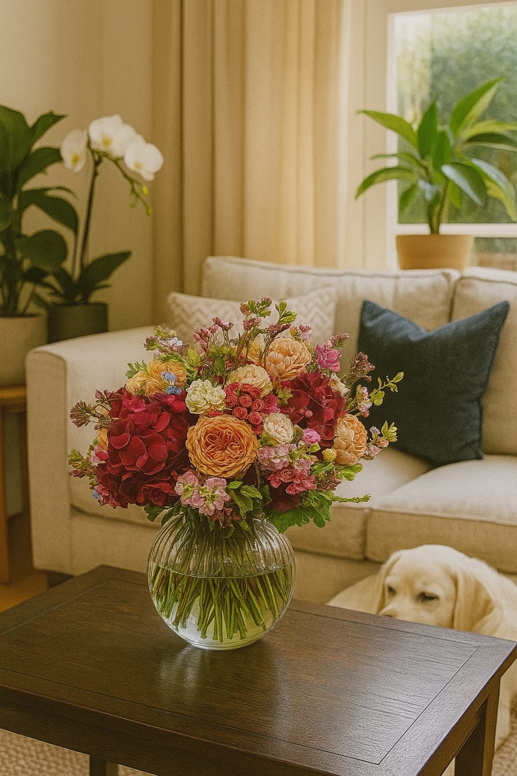 Luxury flower bouquet in glass vase displayed on living room coffee table – London same-day delivery