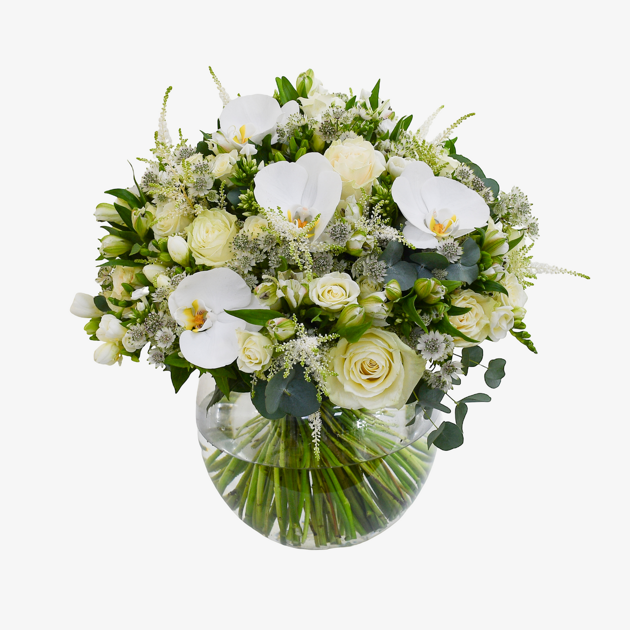 White orchid and rose bouquet in a green glass vase – luxury flower arrangement London