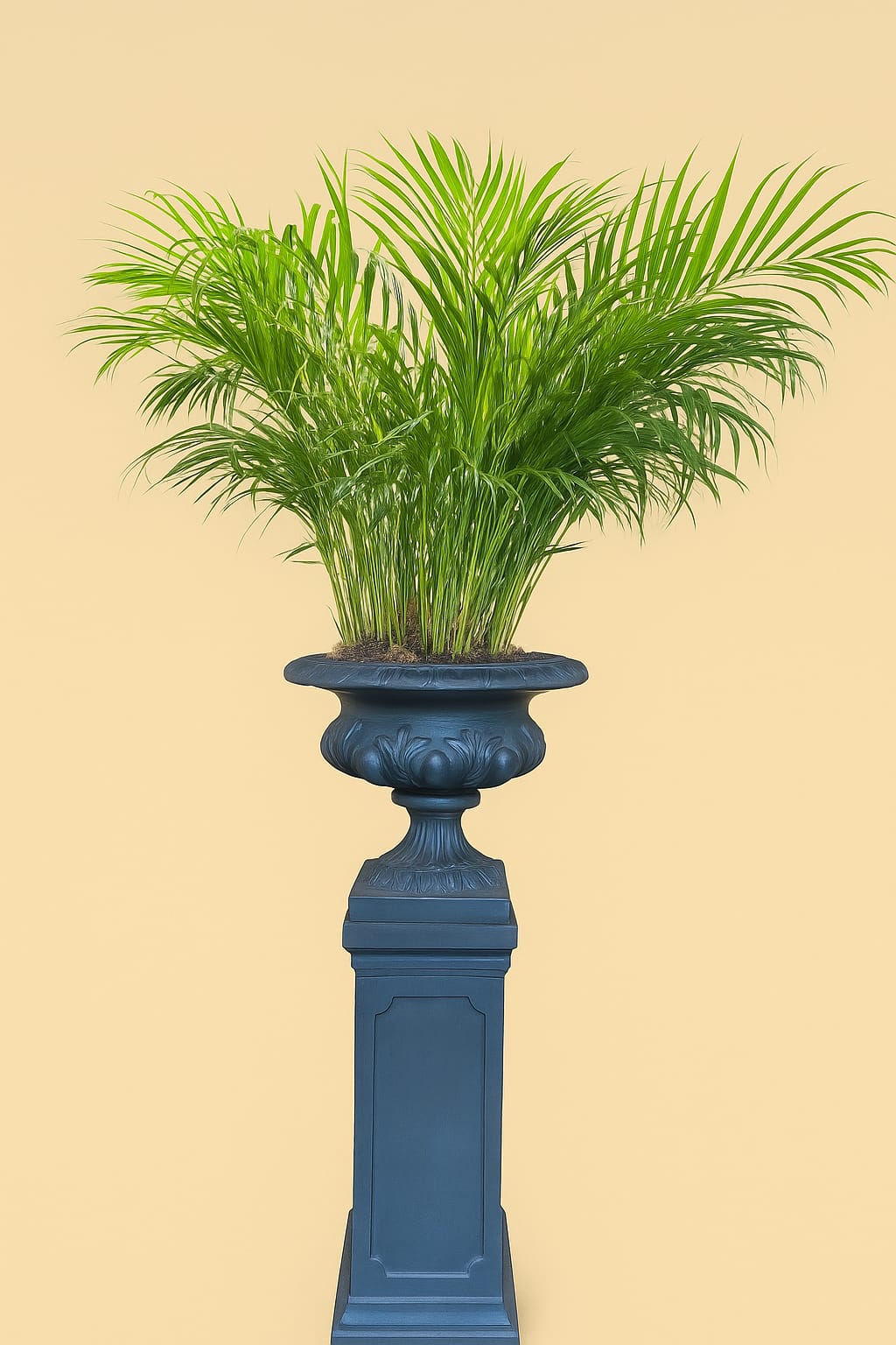Tall palm plant in decorative Grey urn on pedestal, styled by Bernard Rochet Chelsea London