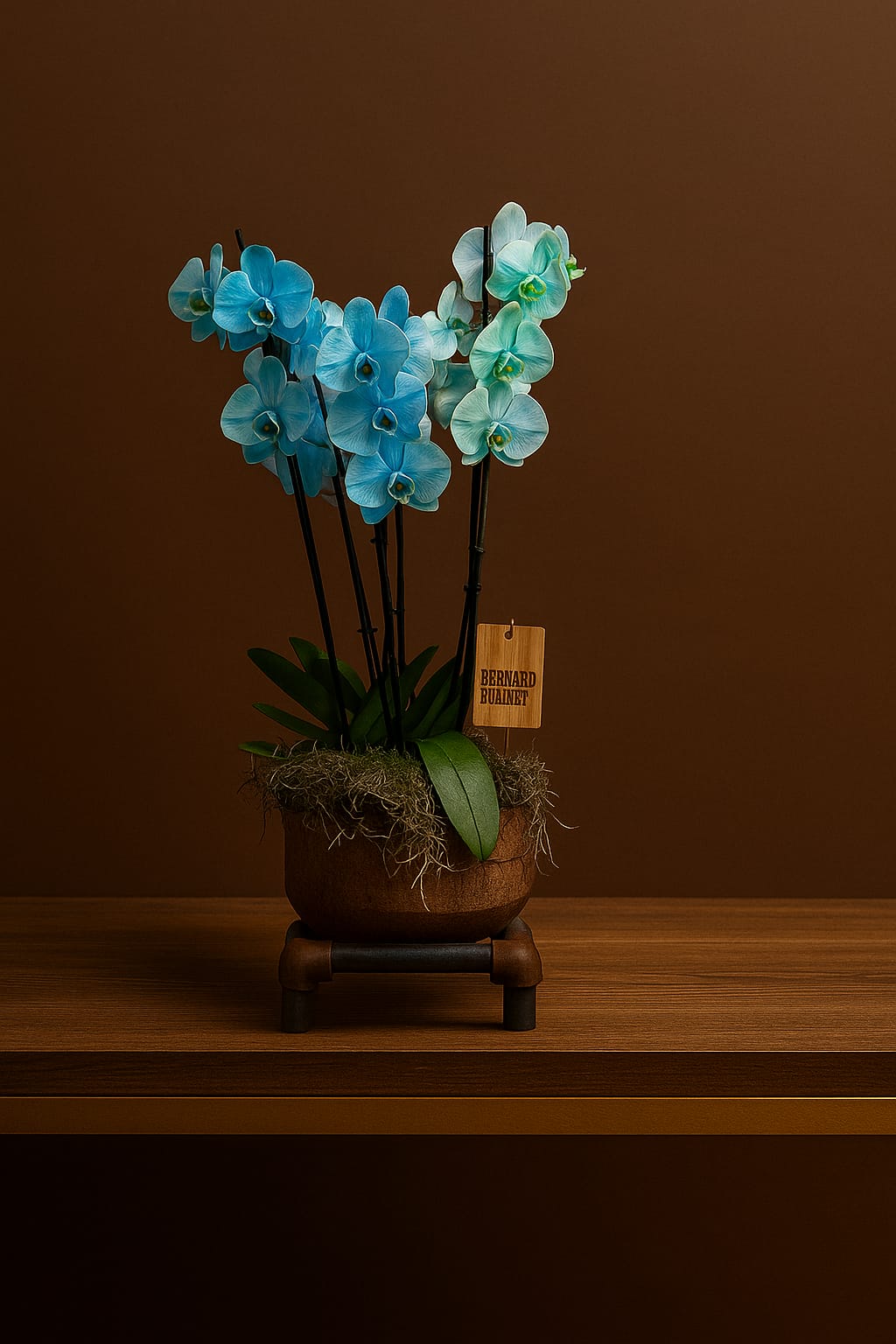 Blue phalaenopsis orchid arrangement in artisan pot by Bernard Rochet, Chelsea London