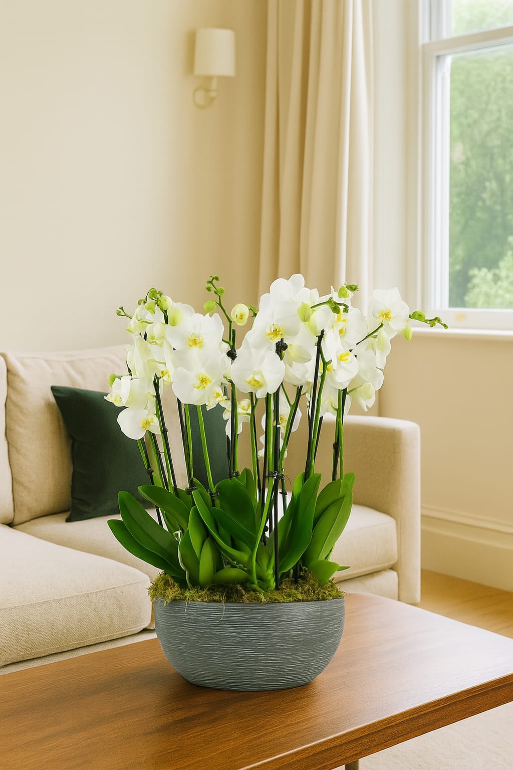 Luxury orchid arrangement in white ceramic pot – Bernard Rochet London