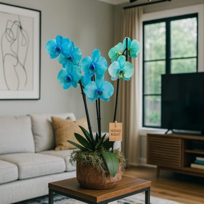 Blue phalaenopsis orchid arrangement in artisan pot by Bernard Rochet, Chelsea London