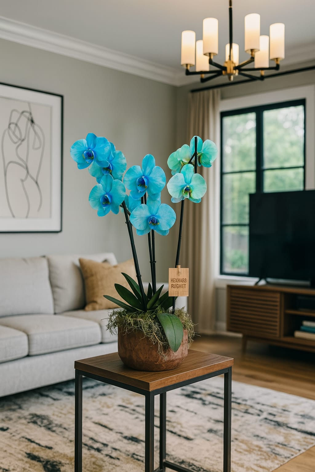 Blue phalaenopsis orchid arrangement in artisan pot by Bernard Rochet, Chelsea London