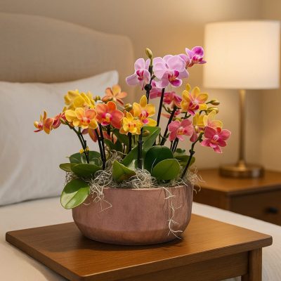Vibrant miniature orchid bowl with 12 mixed colour stems in ceramic pot – Bernard Rochet London