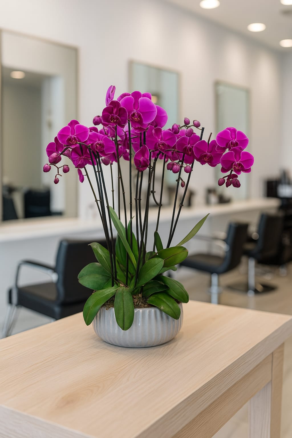 Side view of pink phalaenopsis orchid arrangement in ceramic bowl