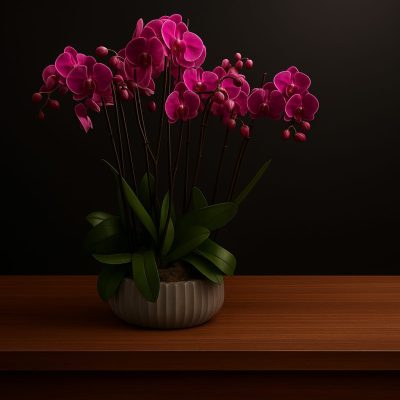 Pink Phalaenopsis orchid in ribbed ceramic pot