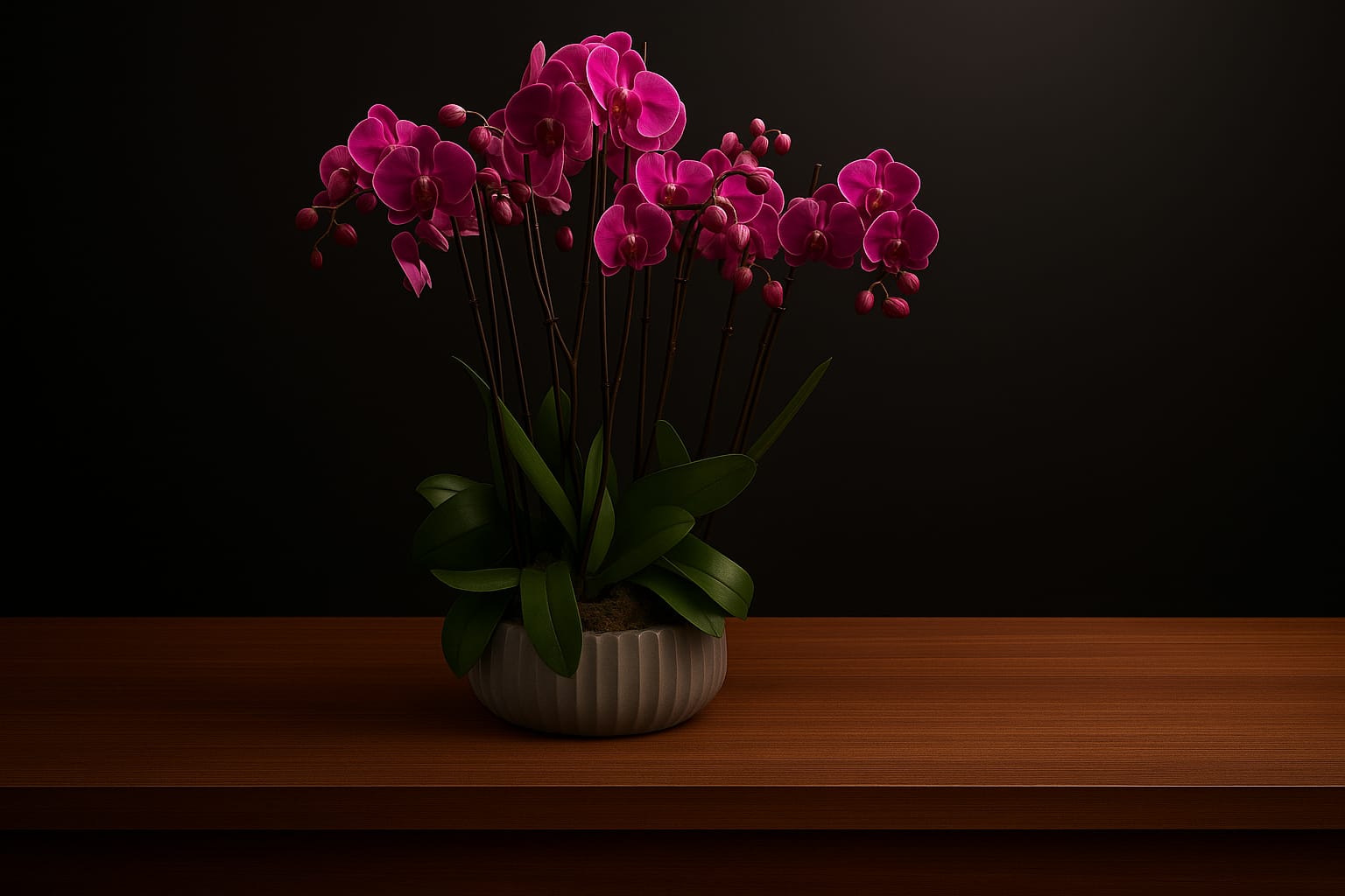 Pink Phalaenopsis orchid in ribbed ceramic pot