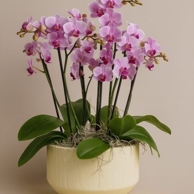Luxury pink orchid arrangement in a cream ceramic pot on modern kitchen island