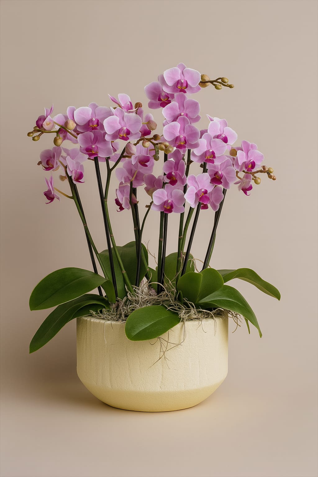 Luxury pink orchid arrangement in a cream ceramic pot on modern kitchen island