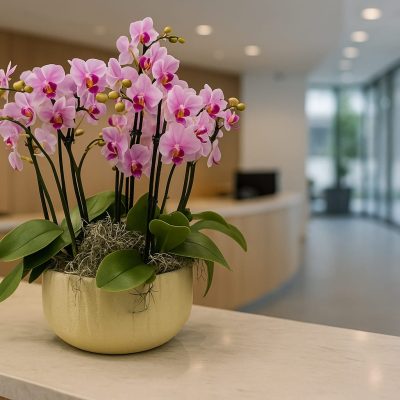 Luxury pink orchid in ceramic pot on modern reception desk