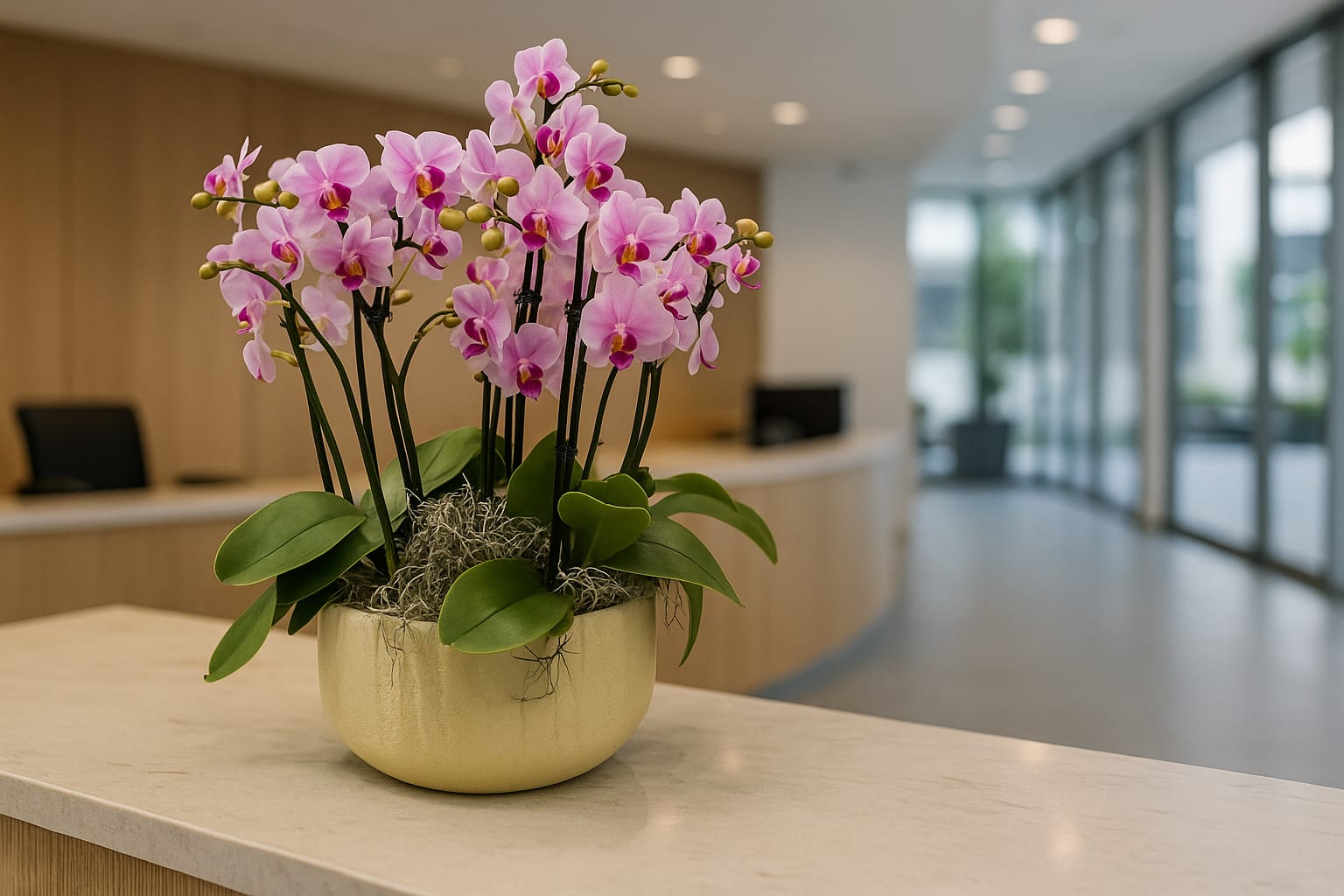Luxury pink orchid in ceramic pot on modern reception desk