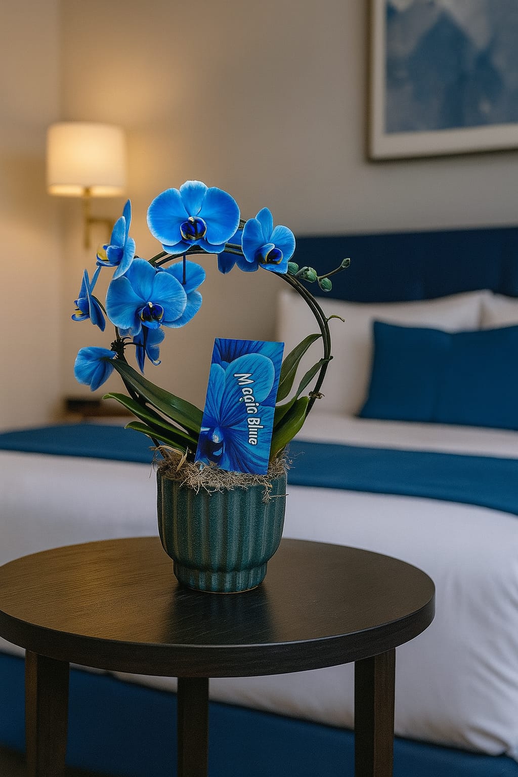 Double arch blue Phalaenopsis orchid in ceramic pot on black side table – luxury indoor plant arrangement