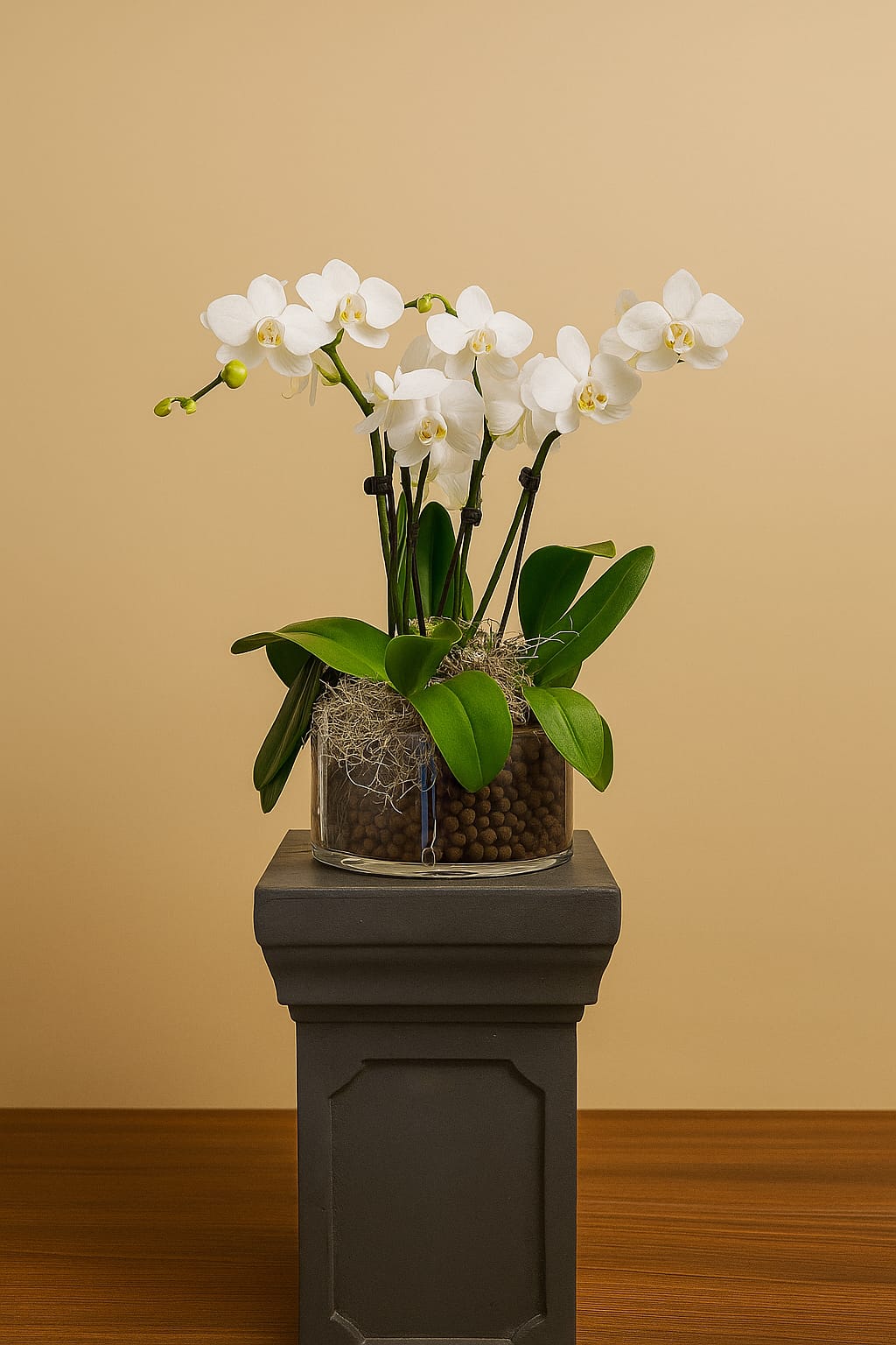 Miniature orchid arrangement in a short clear glass vase with Spanish moss – Chelsea Glass Orchid by Bernard Rochet