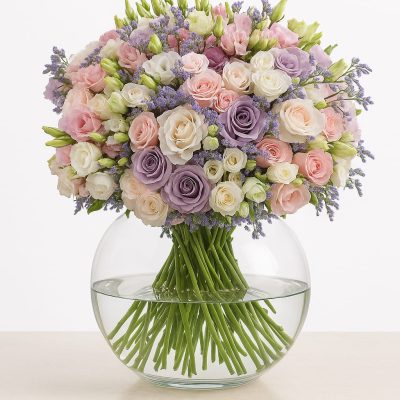 Luxury hand-tied bouquet with premium roses, spray roses, and Dutch lisianthus – compact floral design