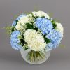 Hydrangeas Harmony arrangement with blue and white hydrangeas in a glass vase