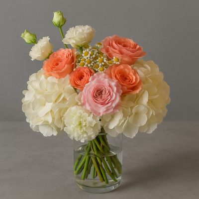 Peach and cream hand-tied bouquet with hydrangeas and roses – Bernard Rochet London