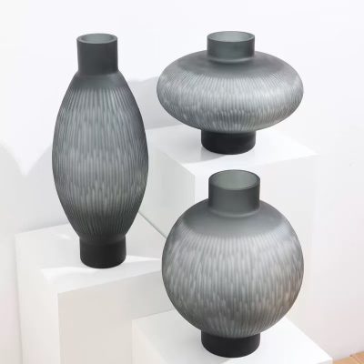 Grey textured glass vases in three designer shapes – Bernard Rochet London