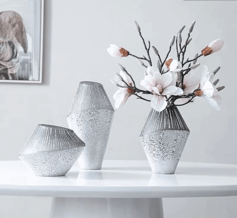 Iced silver geometric glass vases in three sizes