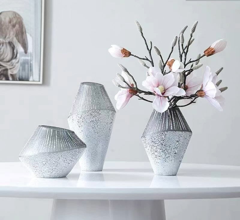 Iced silver geometric glass vases in three sizes