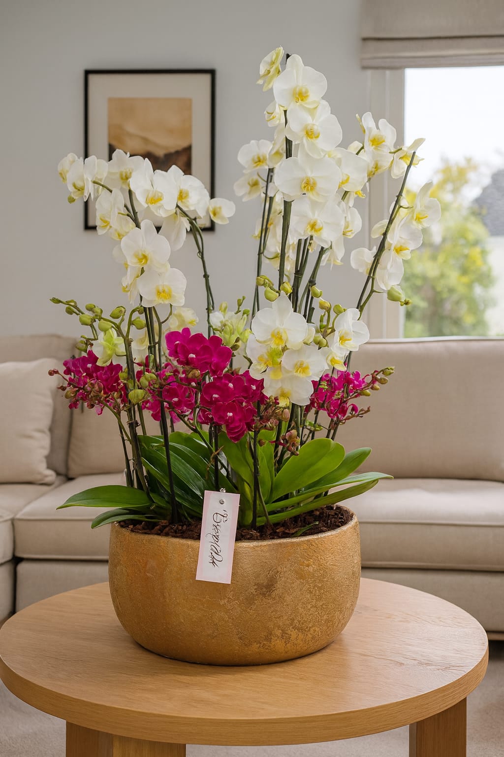 Designer orchid arrangement London in gold pot