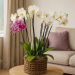 Luxury orchid arrangement in natural basket – Bernard Rochet orchid specialist London