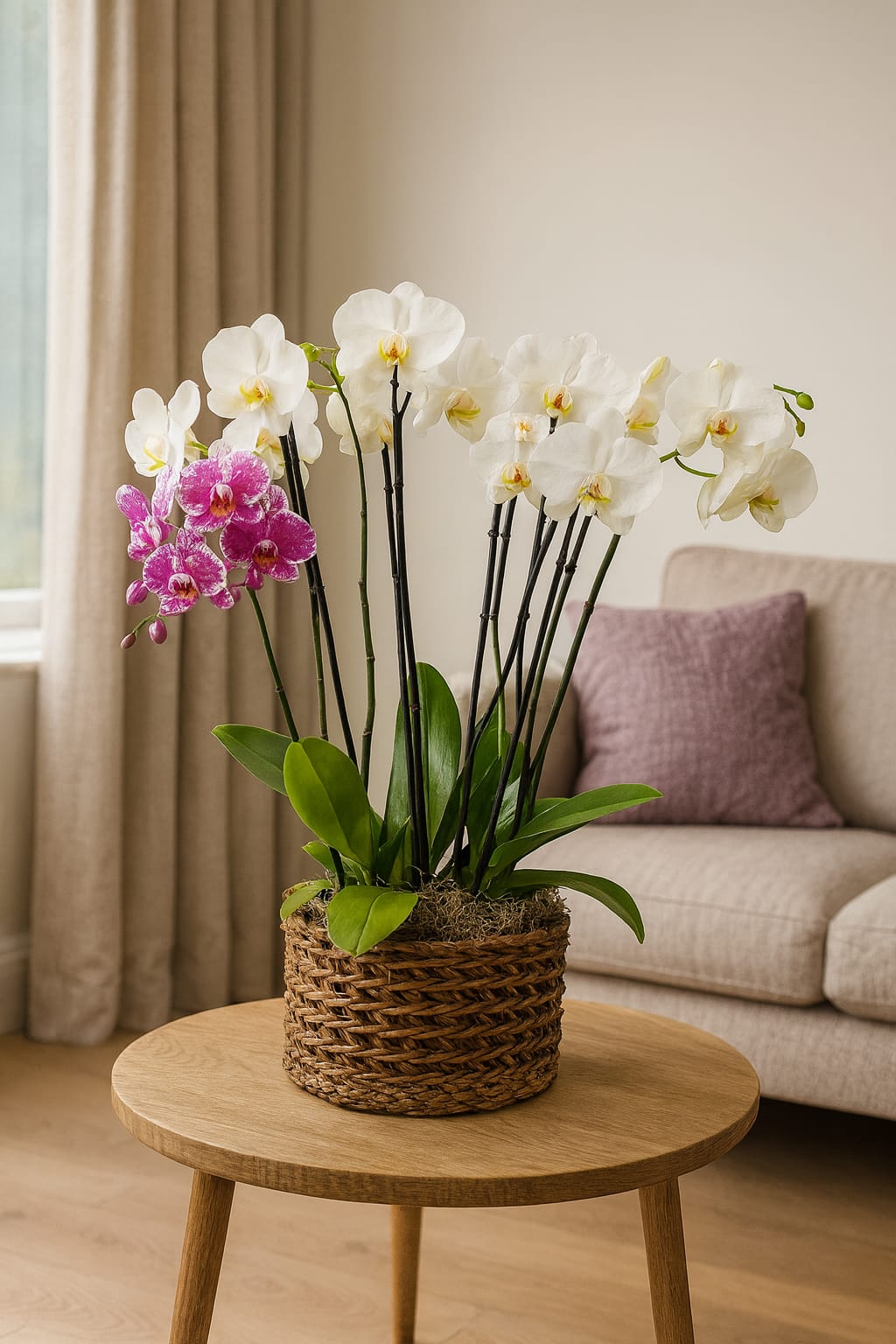 Luxury orchid arrangement in natural basket – Bernard Rochet orchid specialist London