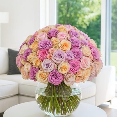 Luxury pastel rose dome side view in glass vase London