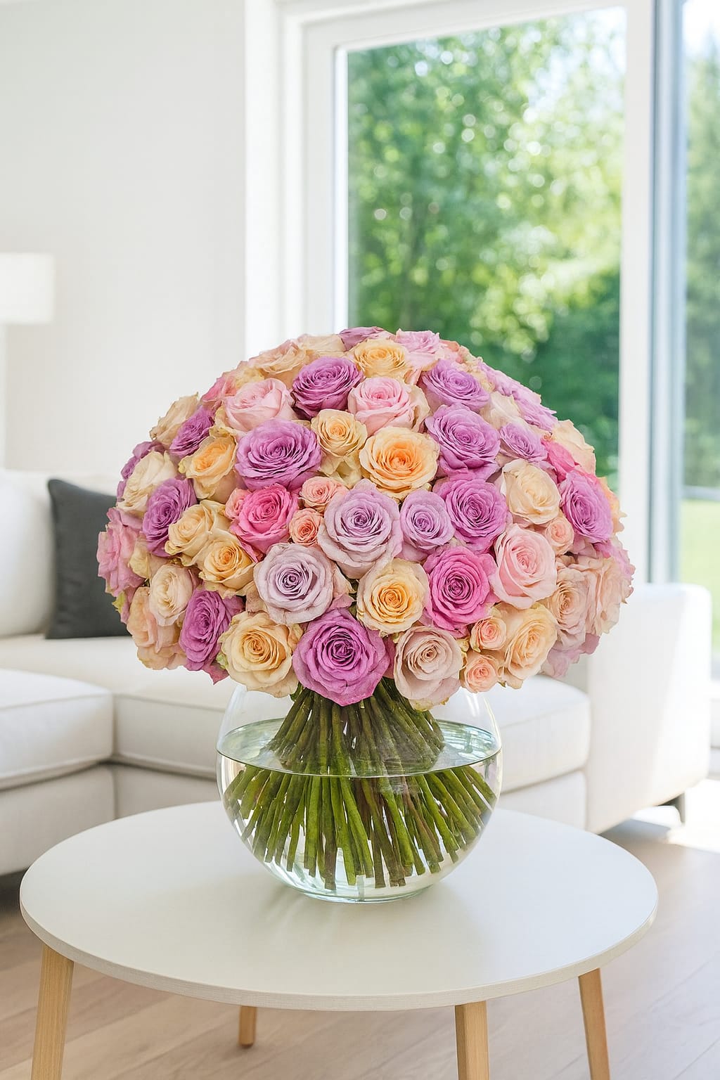 Luxury pastel rose dome side view in glass vase London