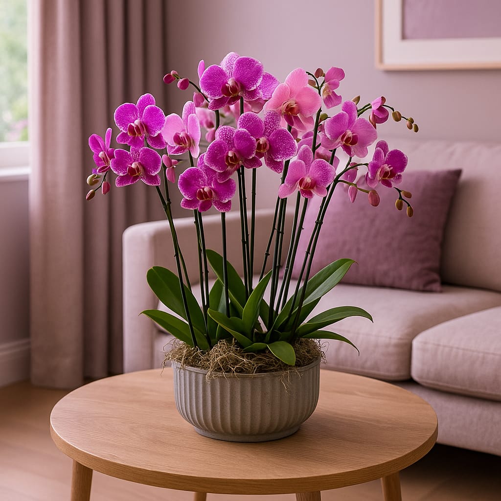 Pink phalaenopsis arrangement London in 30 cm ceramic bowl