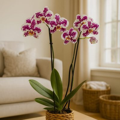 Pink orchid plant in basket – luxury orchid arrangement in London