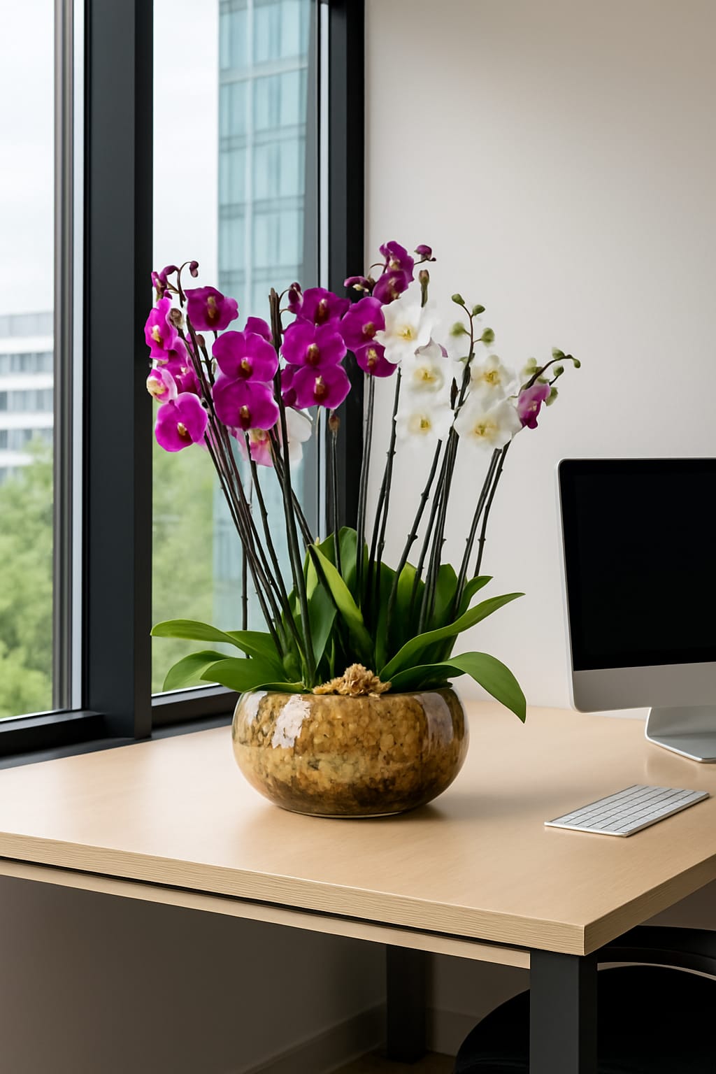 Two colour orchid arrangement London with purple and white blooms