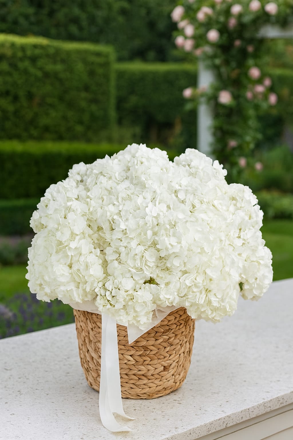 White hydrangea basket London – Bernard Rochet luxury flowers